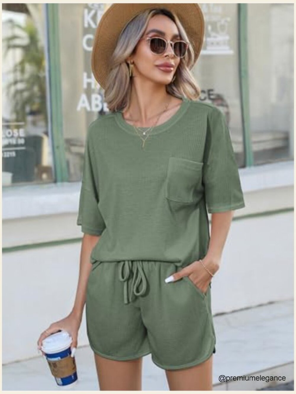 Waffle Knit Lounge Set Short Sleeve Top & Shorts 2 Piece Pajamas with Pockets - Picture 4 of 7